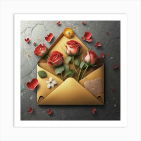 An open red and yellow letter envelope with flowers inside and little hearts outside 11 Art Print