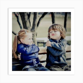 Two Kids Sitting On A Bench Art Print