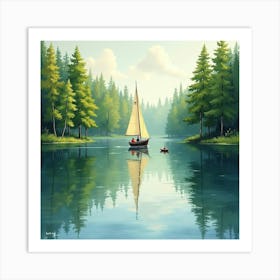 Scenic Sailboat Trip In Watercolor Forest Reflections 1 Art Print