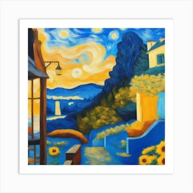 Santorini bunte Landschaft bei Sonnenuntergang Art Print