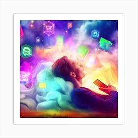 Man Sleeping In The Cloud Future Of Mobile Applications Development In Colorful Dreaming Life Art Print