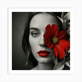 Portrait Of A Woman With Red Flower Art Print