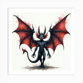 Demon With Shadowy Wings, Watercolor, Dark And Vibrant 1 Art Print