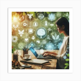 Woman Working On Laptop In The Forest Art Print