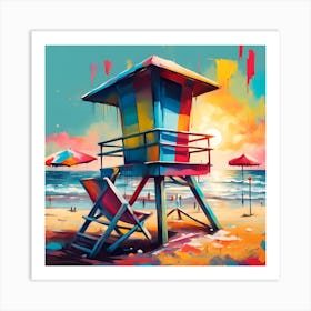 Lifeguard Tower Floating Umbrellas And The Parade Of Beachgoers Art Print