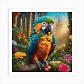 Colorful Parrot Painting, Summer exotic floral, Tropical Bird, Landscape Art Print