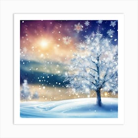 Winter Sunrise Landscape With Snowflakes Art Print