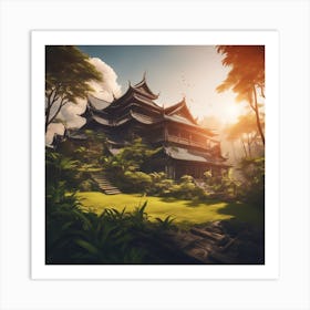 A Beautiful Big House, The Sun Shines Through The Tops Of Rice Art Print