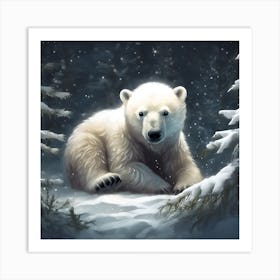 Polar Bear Cub at Night in the Falling Snow Art Print