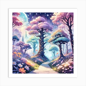 A Fantasy Forest With Twinkling Stars In Pastel Tone Square Composition 395 Art Print