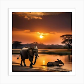 Sunset Elephants 1 Art Print