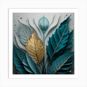 Blue And Gold Leaves 1 Art Print