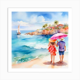 Watercolor Couple On The Beach Art Print