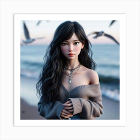 Asian Girl With Seagulls Art Print