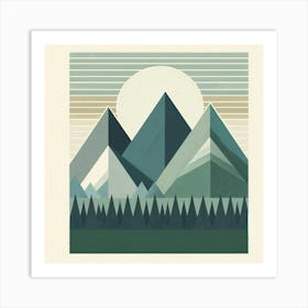 Title: "Zenith Over Geometry: A Modernist Landscape"  Description: "Zenith Over Geometry: A Modernist Landscape" depicts the tranquil harmony of a stylized sun at its zenith above a range of angular mountains. This piece features a blend of cool and warm neutral tones, with layered shapes creating a sense of depth and perspective. The geometric form of the mountains contrasts with the soft roundness of the sun and the delicate pine forest at their base. Horizontal lines in the sky lend a retro-modernist feel to the composition, while the dotted texture of the sun adds a tactile element. Set against a vintage cream background, the artwork is a nod to both the simplicity of nature and the sophistication of minimalist design, ideal for spaces that celebrate calmness and thoughtful composition. Art Print