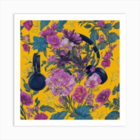 Headphones And Flowers Art Print