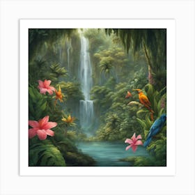 Tropical Jungle With Waterfall Art Print