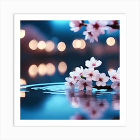 Cherry Blossom Branch on Rippled Water Surface Art Print