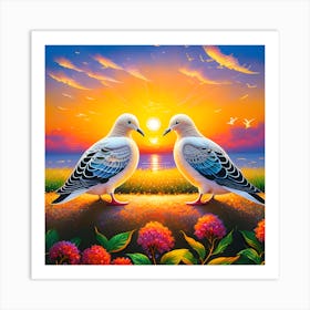 Romantic Sunset Scene Oil Painting Serene Atmosphere Love And Peace Inscribed Delicately Between 972611042 Art Print