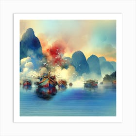 Sea Boats Blue Water Artwork Painting Square Art Print