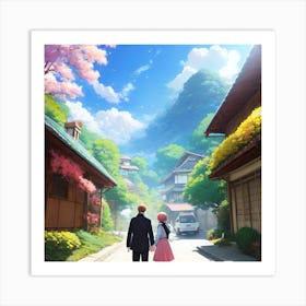 Anime Couple Walking Down A Street Art Print