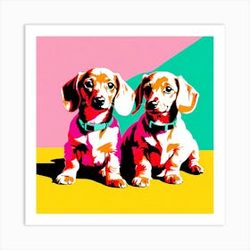 'Dachshund Pups', This Contemporary art brings POP Art and Flat Vector Art Together, Colorful Art, Animal Art, Home Decor, Kids Room Decor, Puppy Bank - 71st Art Print