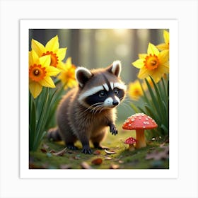 A Playful Raccoon Exploring A Garden Of Giant Daffodils And Glowing Mushrooms Art Print