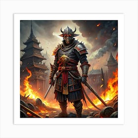 Samurai Warrior In Burning City Art Print