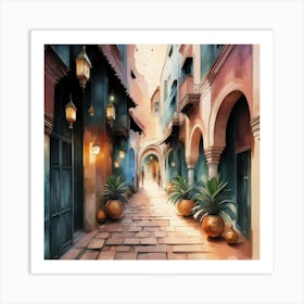 Alleyway, Marrakech Dreamscape, Watercolor Blending Art Print