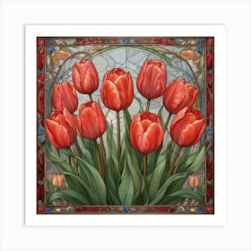 A close up of a stained glass window with flowers, Red Tulips In A Window Art Print