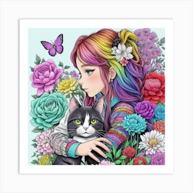 Cat and girl lucky charm 3 Art Print