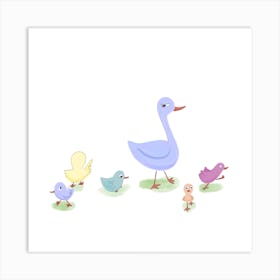 Purple Mummy Duck And Ducklings Square Art Print