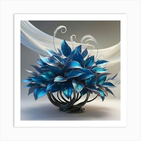 A Highly Detailed 3d Image Of A Mesmerizing Bush Featuring Iridescent Blue Leaves That Shimmer With An Ethereal Glow, With A Intricate, Swirling Pattern Of Darker Blue Veins That Evoke A Sense Of Mystique, Set Against A Gradient Backdrop Art Print