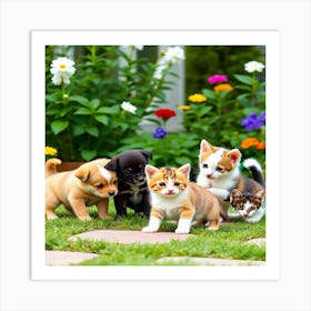 Puppies and kittens in beautiful green garden 4 Art Print