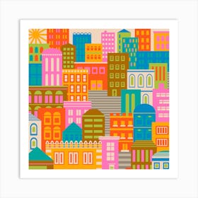 CITY LIGHTS BY DAY Vintage Travel Poster Square Layout with Geometric Architecture Buildings in Bright Rainbow Colours Orange Yellow Pink Green Blue Brown Cream on Cream Art Print