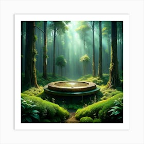 Stone Platform In A Forest With Light Rays Art Print