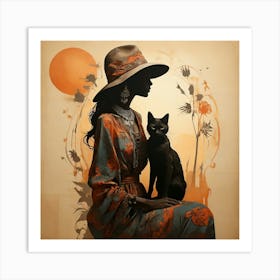 Boho Art Silhouette of a stylish woman with a cat Art Print