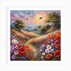 Swallows over the evening meadow Art Print