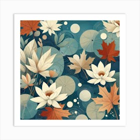 Scandinavian style, Surface of water with water lilies and maple leaves Art Print