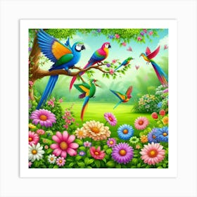 Colorful Parrots In The Garden Art Print