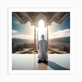 A 3d Dslr Photography Muslim Wearing Futuristic Digital Suit , Praying Towards Makkah Standing Tall Award Winning Photography From The Year 8045(3) Art Print