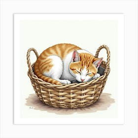 A British Shorthair Cat Napping In A Basket While Its Owner Works, Watercolor 1 Art Print