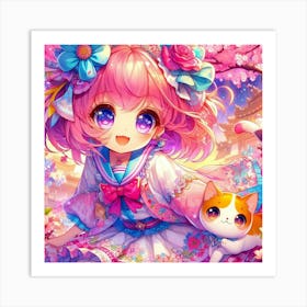 Anime Girl With Cat 4 Art Print