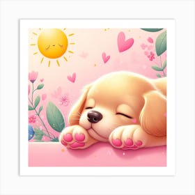 Puppy Sleeping On A Pink Background Art Print