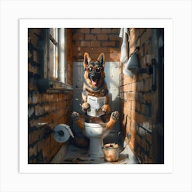 German Shepherd Sitting On Toilet Art Print