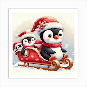 3 Cute Penguins In A Sleigh Art Print