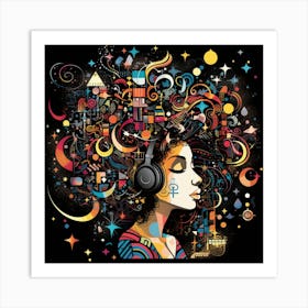 Girl With Headphones Art Print