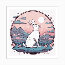 Sticker Art Design, Bunny Howling To A Full Moon, Kawaii Illustration, White Background, Flat Colors 1 Art Print