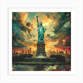 Statue Of Liberty At Sunset, retro collage Art Print