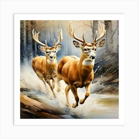 The Design Of Two Small Deer Running Fast Her Hair Fluttering Watercolor Trending On Artstation 1 Art Print